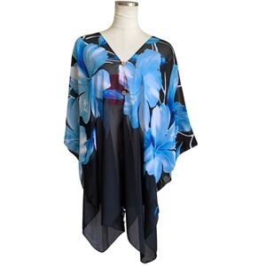 Hawaii Blue Floral 4-Way Cover Up Kaftan Beach Top Scarf Wrap Skirt OS